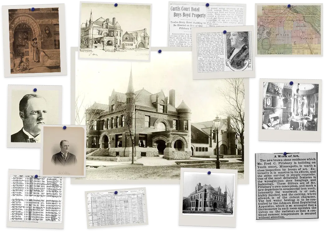 Collage of historic home photos, documents, maps, and newspaper clippings